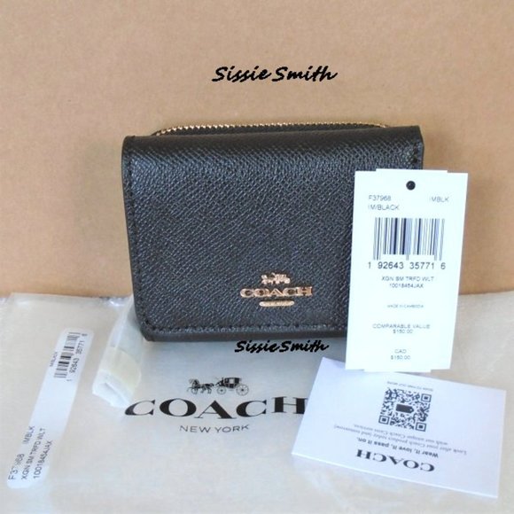 NWT COACH SMALL TRI FOLD BLACK WALLET - Picture 1 of 4